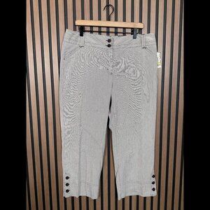 New Charter Club Pants 14 Womens Gray Striped Button Hem Trim Cocoa Bean